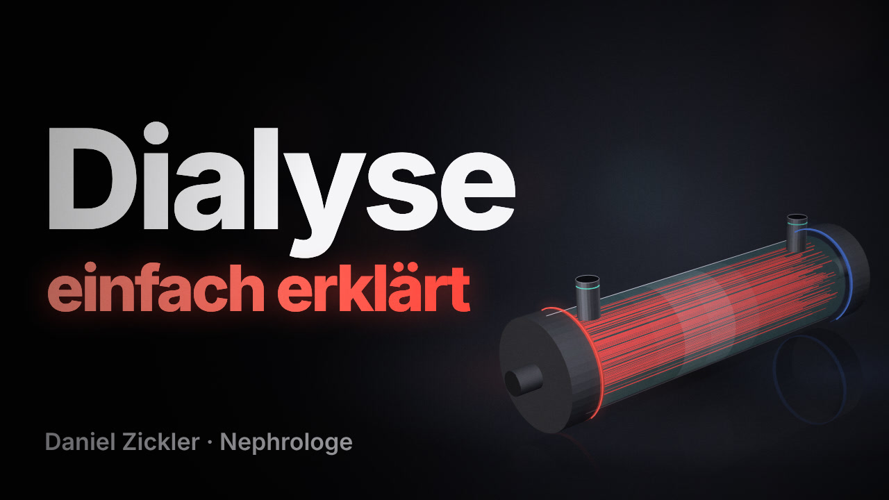 Vorschaubild des Erklärvideos „Dialyse einfach erklärt“ mit einem Dialysator